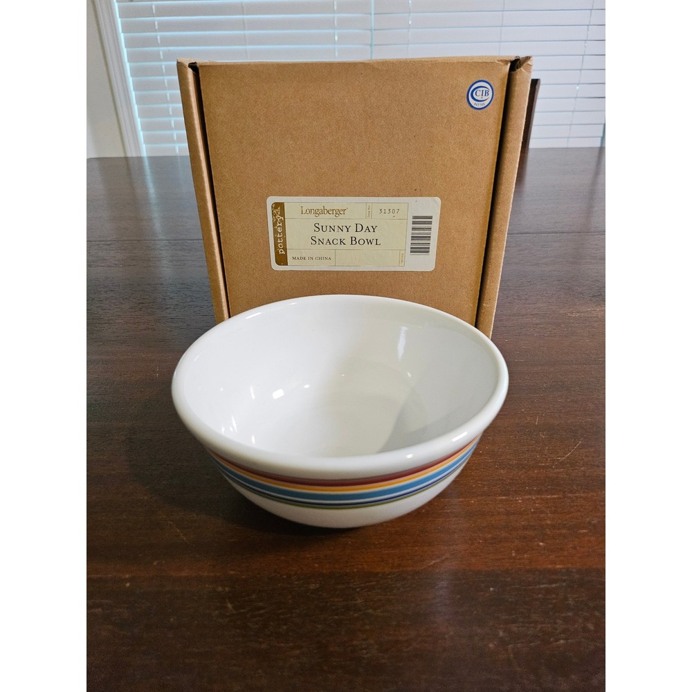 Longaberger Sunny Day Snack Bowl White Multi-Color Striped Pottery